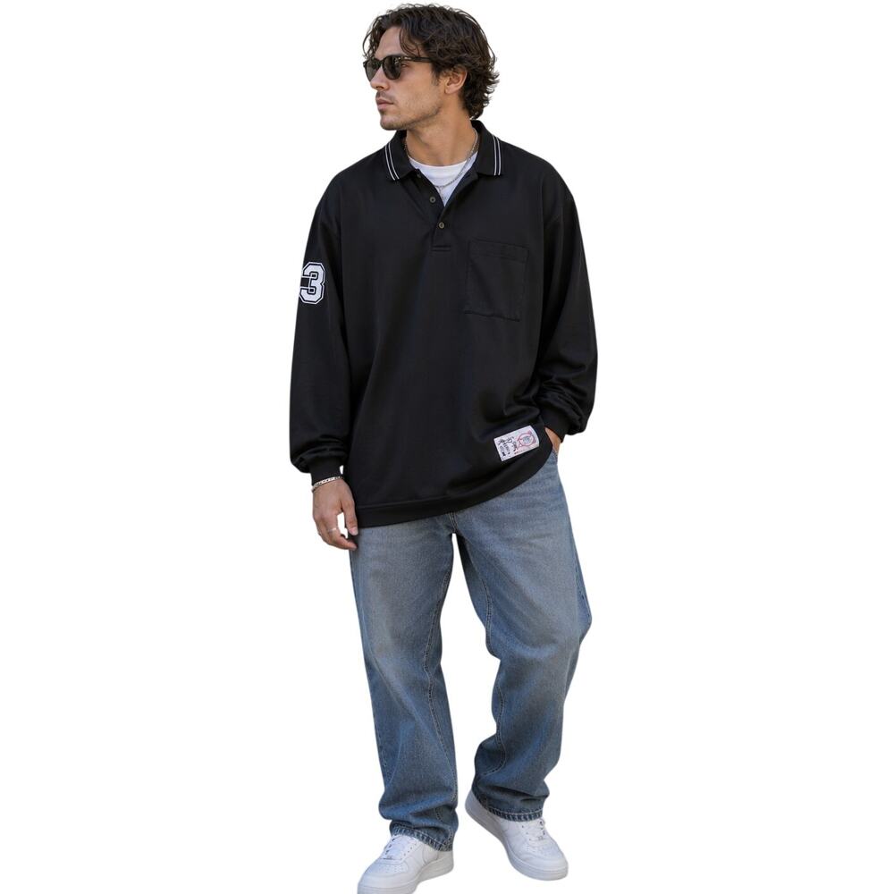 Honig's Whistle Stop Black Long Sleeve Polo Shirt Men's XL USA Y2K